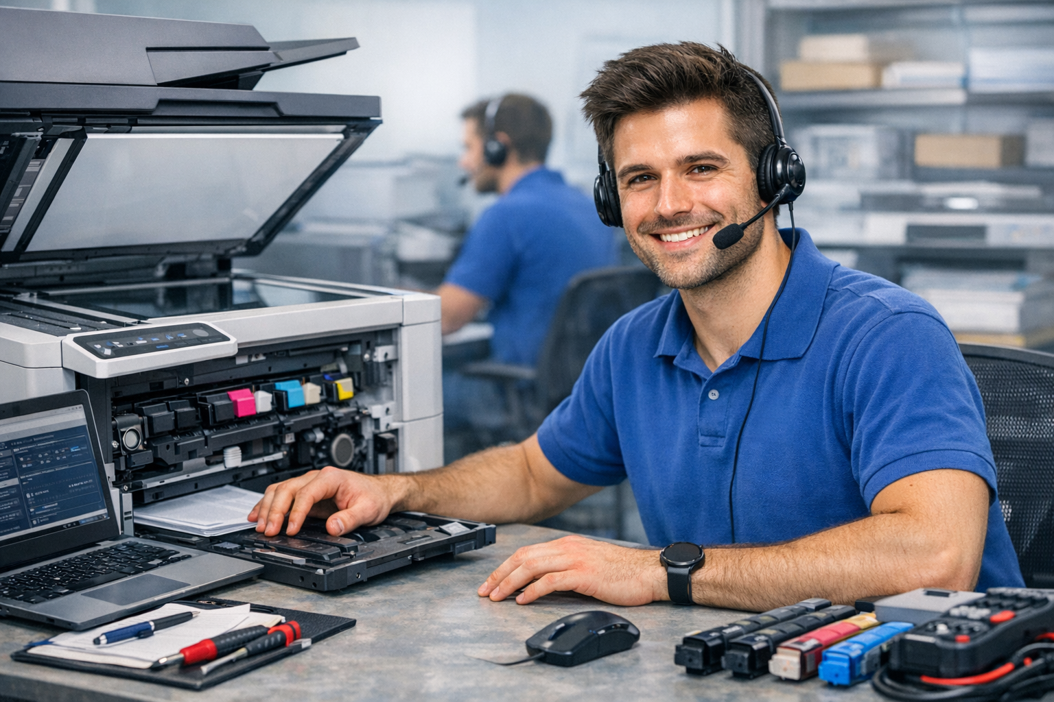 Tecnico che aggiusta una fotocopiatrice